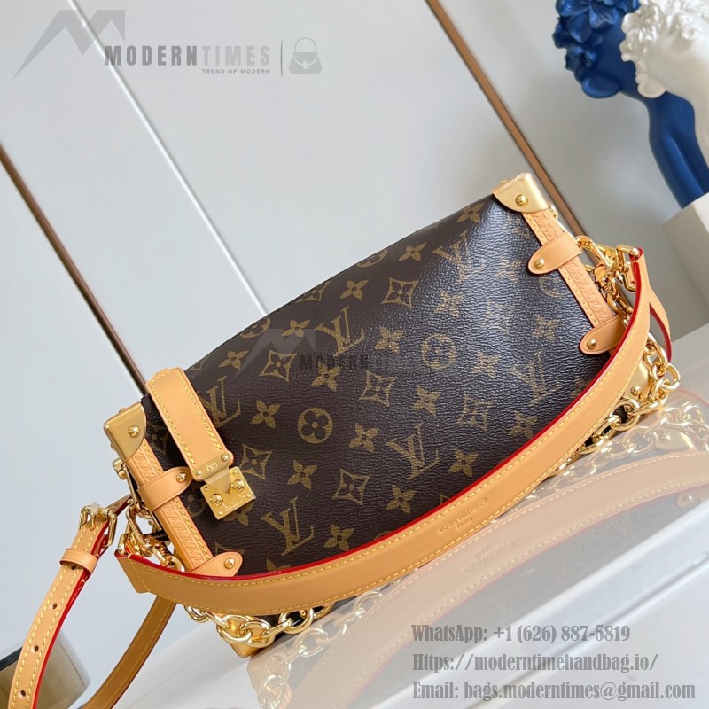  Louis Vuitton-inspired Side Trunk East West replica handbag in Monogram-style canvas with chain and trunk-style corners