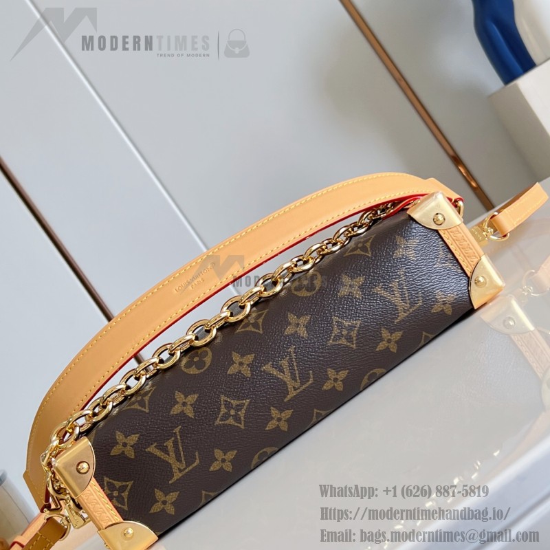  Louis Vuitton-inspired Side Trunk East West replica handbag in Monogram-style canvas with chain and trunk-style corners