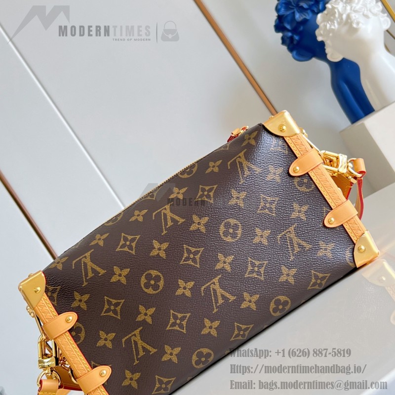  Louis Vuitton-inspired Side Trunk East West replica handbag in Monogram-style canvas with chain and trunk-style corners