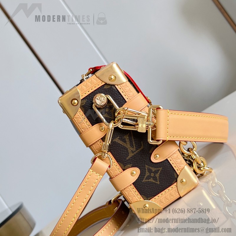  Louis Vuitton-inspired Side Trunk East West replica handbag in Monogram-style canvas with chain and trunk-style corners