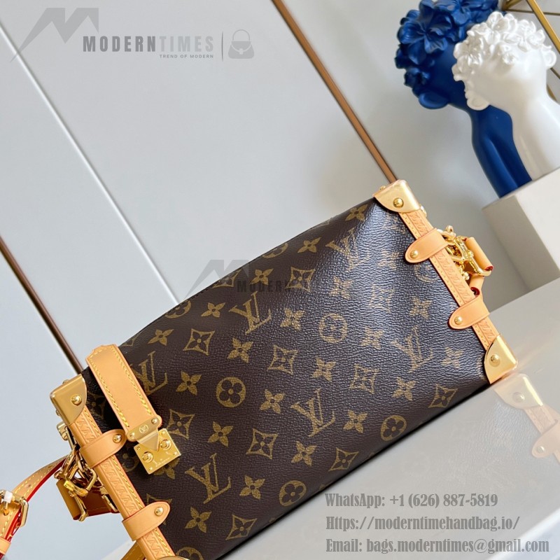  Louis Vuitton-inspired Side Trunk East West replica handbag in Monogram-style canvas with chain and trunk-style corners