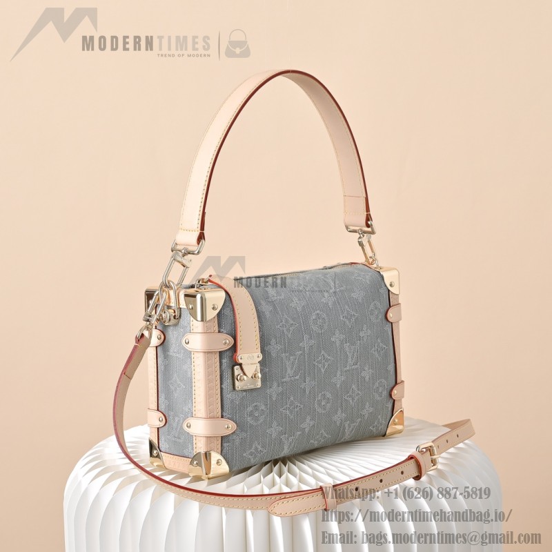 Louis Vuitton Side Trunk Medium Monogram Denim Gray Handbag M13285 with S-lock closure and gold-tone hardware