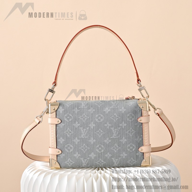 Louis Vuitton Side Trunk Medium Monogram Denim Gray Handbag M13285 with S-lock closure and gold-tone hardware