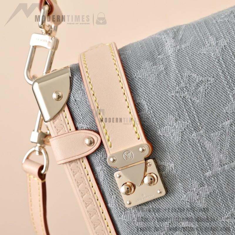 Louis Vuitton Side Trunk Medium Monogram Denim Gray Handbag M13285 with S-lock closure and gold-tone hardware