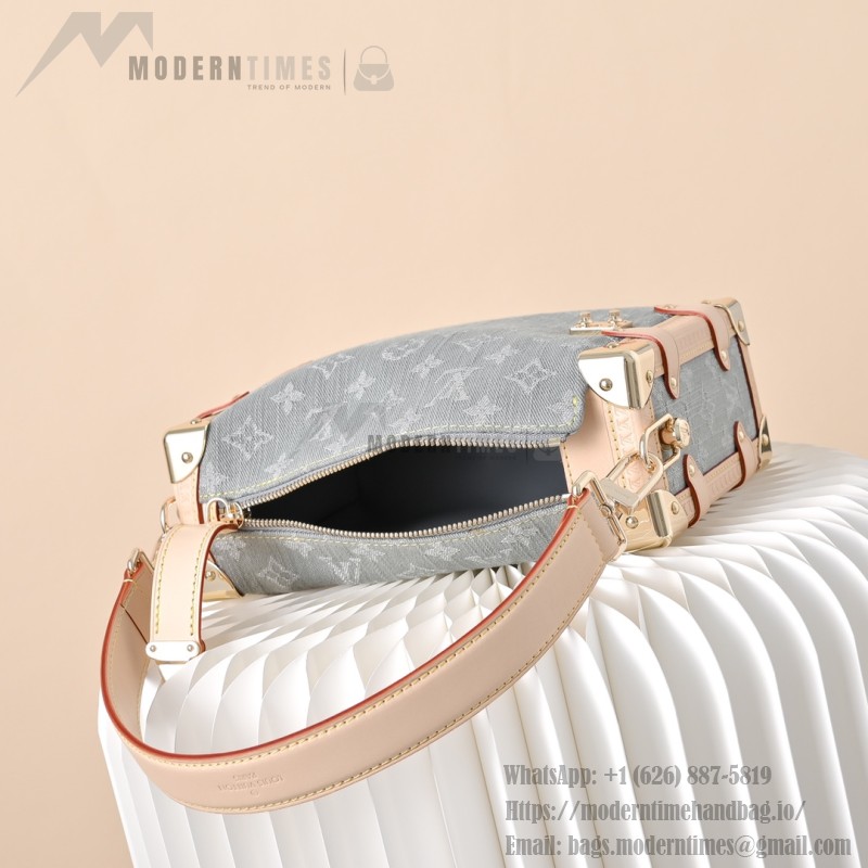 Louis Vuitton Side Trunk Medium Monogram Denim Gray Handbag M13285 with S-lock closure and gold-tone hardware