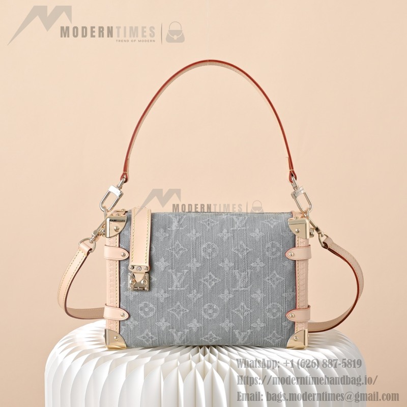 Louis Vuitton Side Trunk Medium Monogram Denim Gray Handbag M13285 with S-lock closure and gold-tone hardware