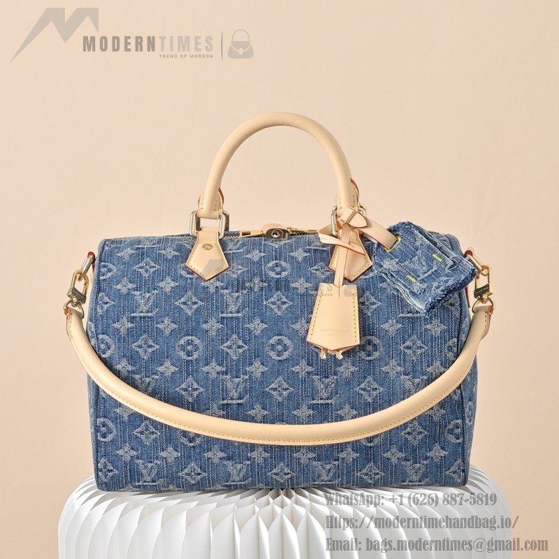 Louis Vuitton Speedy Bandoulière 30 Monogram Denim Blue Handbag M14430 with leather handles and detachable shoulder strap