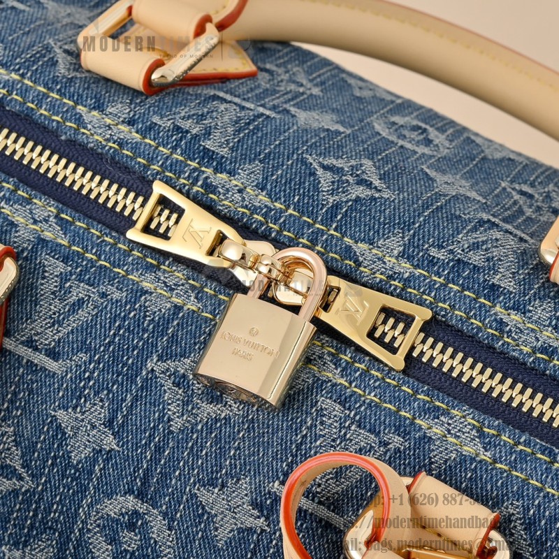 Louis Vuitton Speedy Bandoulière 30 Monogram Denim Blue Handbag M14430 with leather handles and detachable shoulder strap