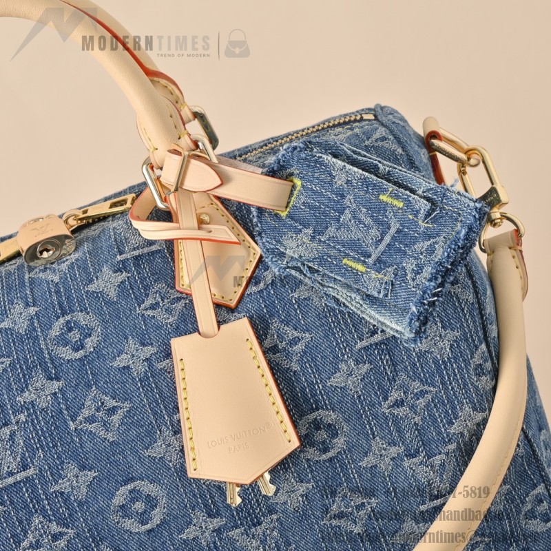 Louis Vuitton Speedy Bandoulière 30 Monogram Denim Blue Handbag M14430 with leather handles and detachable shoulder strap