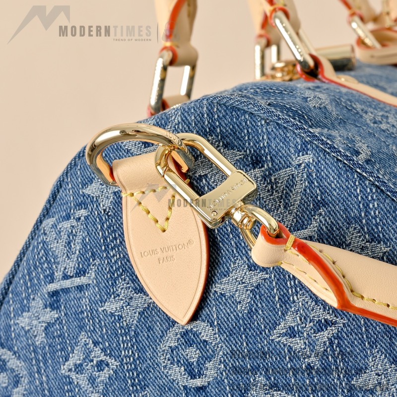 Louis Vuitton Speedy Bandoulière 30 Monogram Denim Blue Handbag M14430 with leather handles and detachable shoulder strap