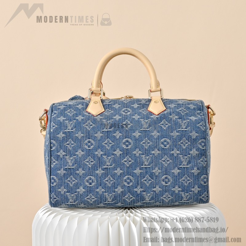 Louis Vuitton Speedy Bandoulière 30 Monogram Denim Blue Handbag M14430 with leather handles and detachable shoulder strap