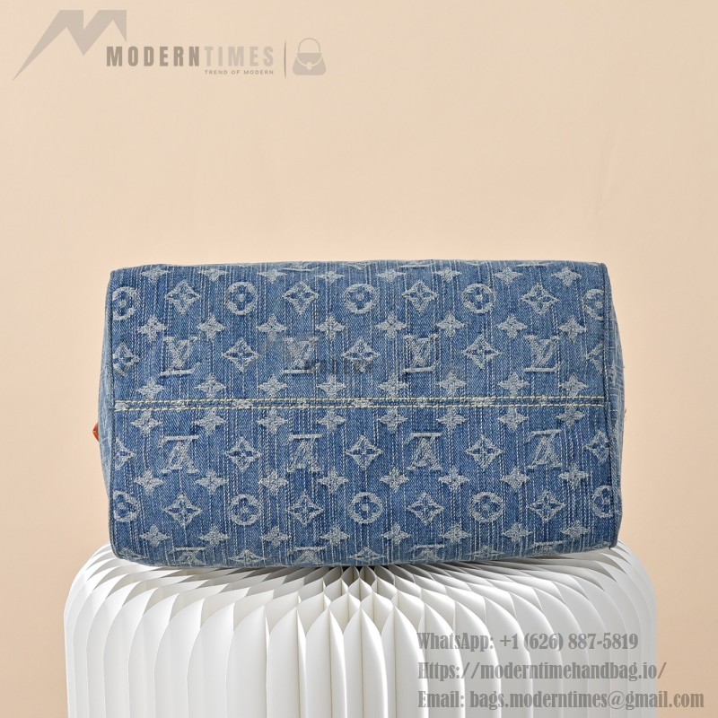 Louis Vuitton Speedy Bandoulière 30 Monogram Denim Blue Handbag M14430 with leather handles and detachable shoulder strap