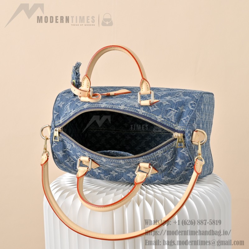 Louis Vuitton Speedy Bandoulière 30 Monogram Denim Blue Handbag M14430 with leather handles and detachable shoulder strap