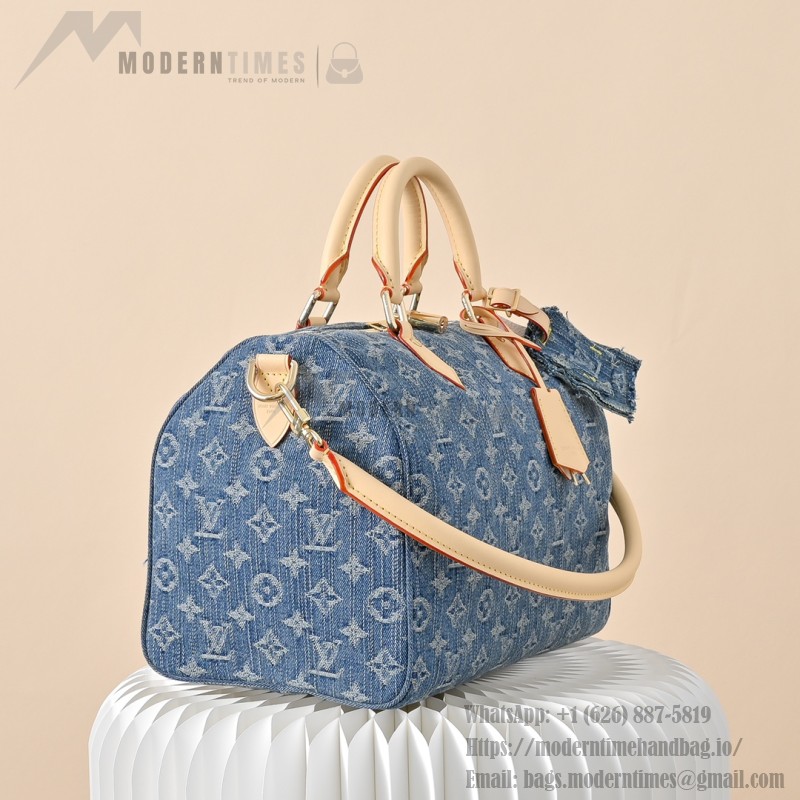 Louis Vuitton Speedy Bandoulière 30 Monogram Denim Blue Handbag M14430 with leather handles and detachable shoulder strap