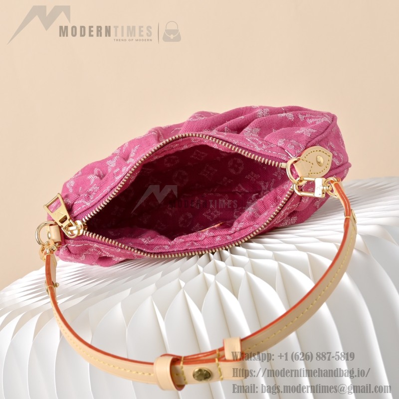 Louis Vuitton Pochette Valley Monogram Denim rose red handbag M28327 with leather trim and removable handle
