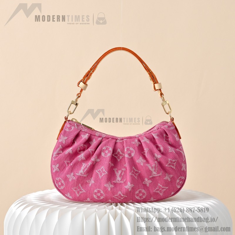 Louis Vuitton Pochette Valley Monogram Denim rose red handbag M28327 with leather trim and removable handle