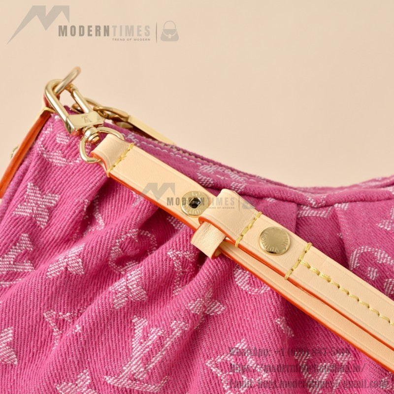 Louis Vuitton Pochette Valley Monogram Denim rose red handbag M28327 with leather trim and removable handle