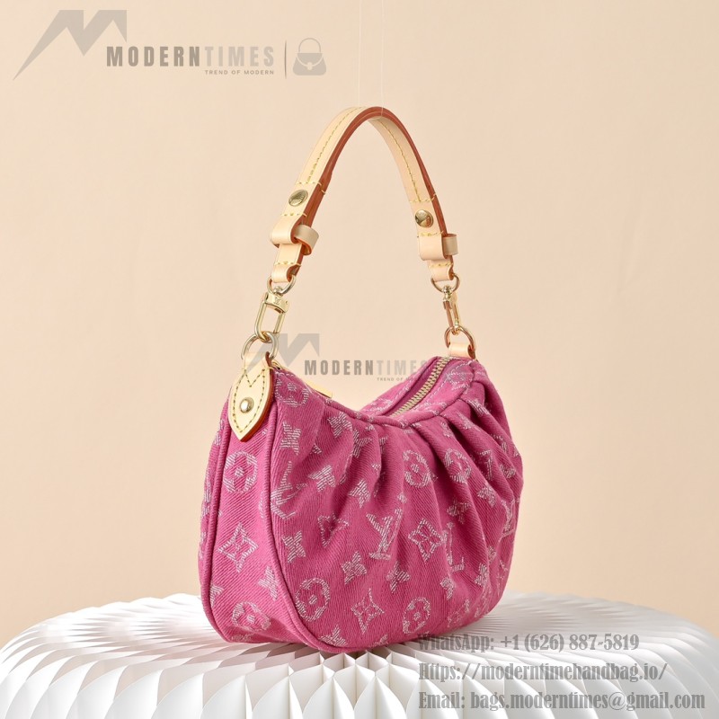 Louis Vuitton Pochette Valley Monogram Denim rose red handbag M28327 with leather trim and removable handle