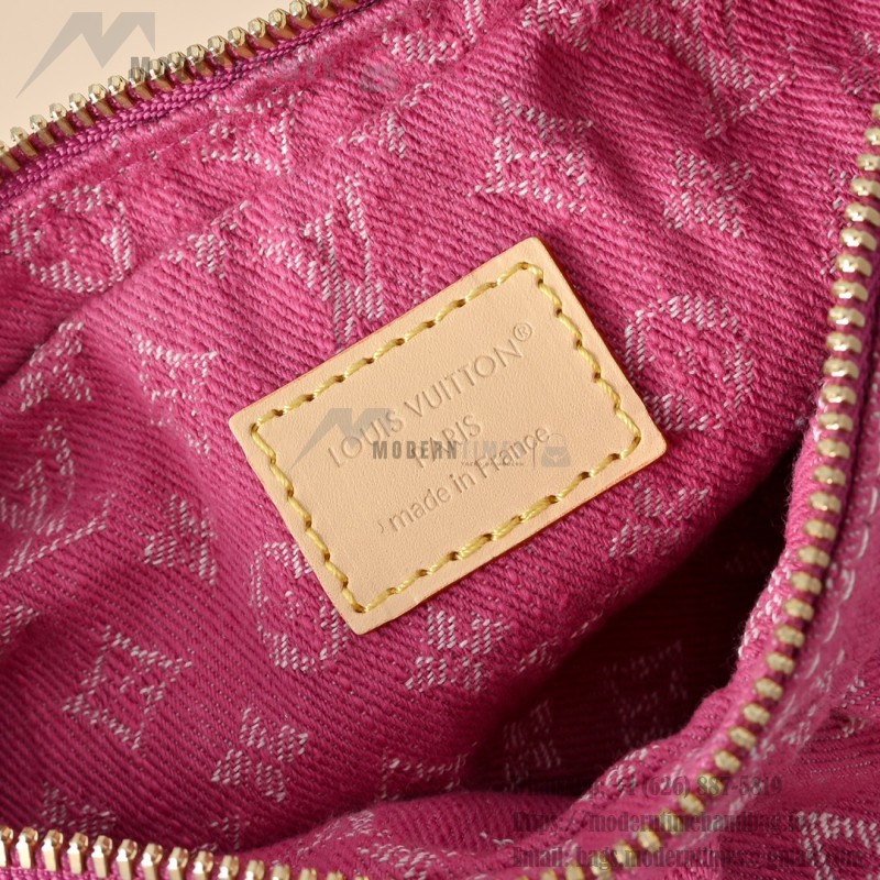Louis Vuitton Pochette Valley Monogram Denim rose red handbag M28327 with leather trim and removable handle