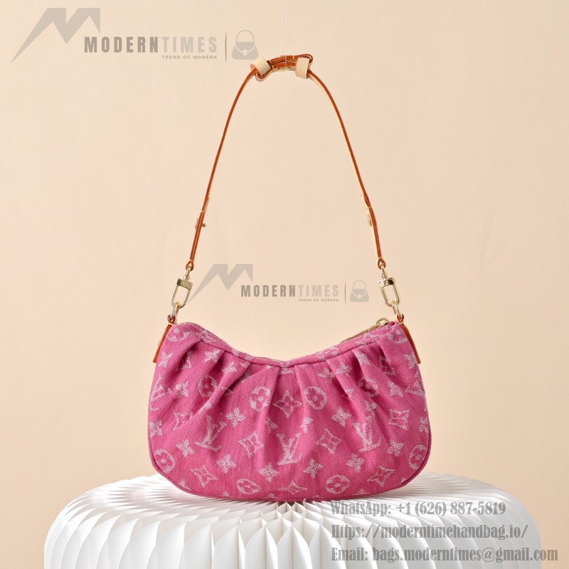 Louis Vuitton Pochette Valley Monogram Denim rose red handbag M28327 with leather trim and removable handle