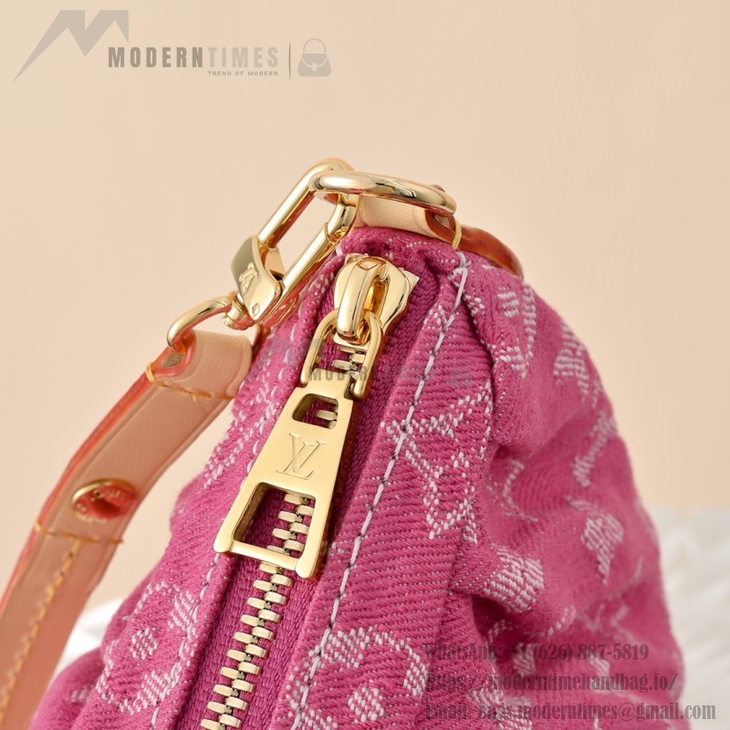 Louis Vuitton Pochette Valley Monogram Denim rose red handbag M28327 with leather trim and removable handle
