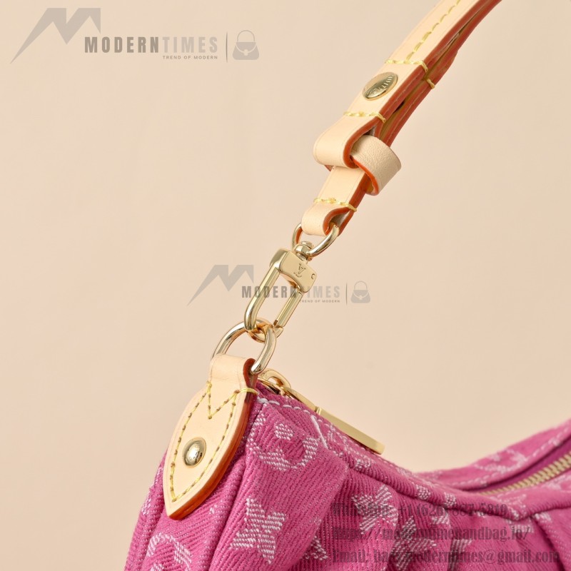 Louis Vuitton Pochette Valley Monogram Denim rose red handbag M28327 with leather trim and removable handle