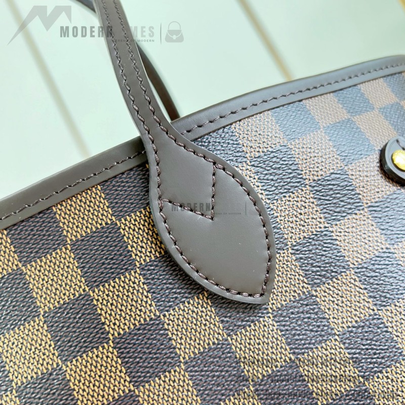 Louis Vuitton Neverfull MM Damier Ebene tote bag N41603 with steel-tone hardware leather trim and removable zip pouch