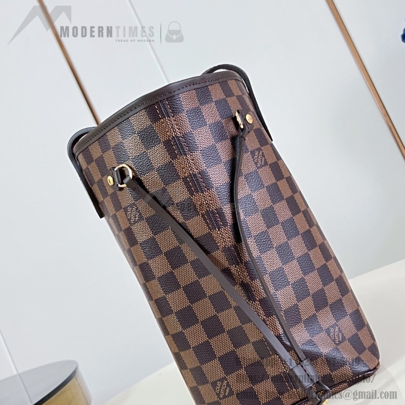 Louis Vuitton Neverfull MM Damier Ebene tote bag N41603 with steel-tone hardware leather trim and removable zip pouch