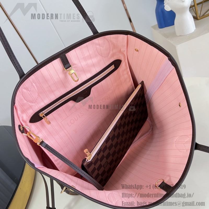 Louis Vuitton Neverfull MM Damier Ebene tote bag N41603 with steel-tone hardware leather trim and removable zip pouch