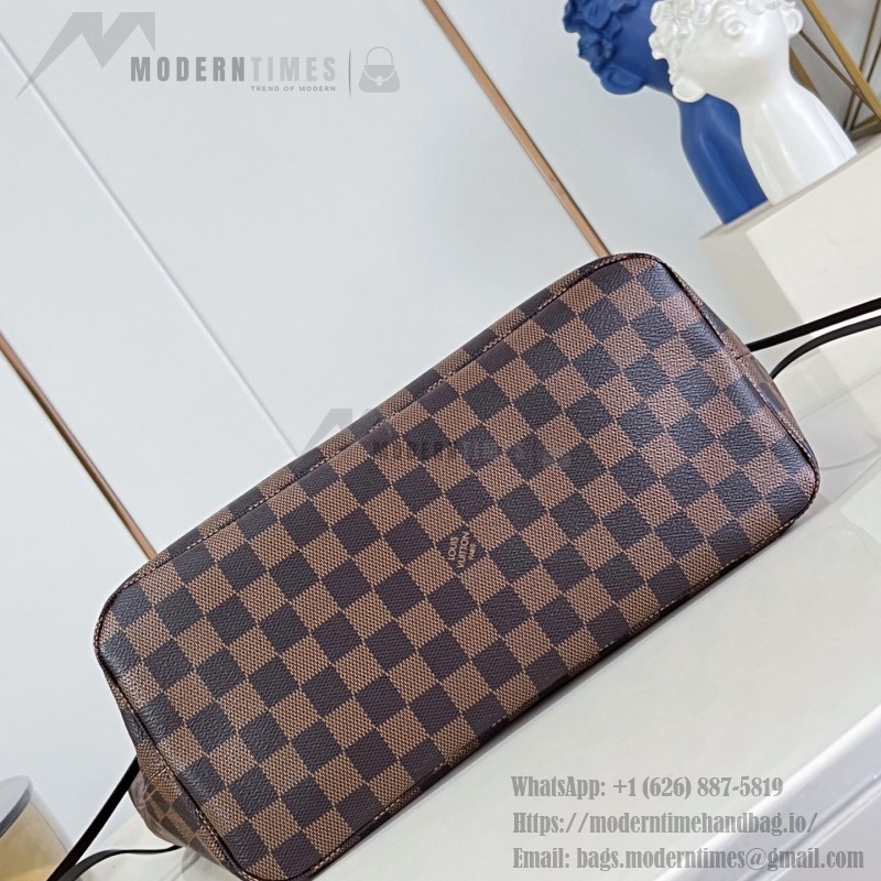 Louis Vuitton Neverfull MM Damier Ebene tote bag N41603 with steel-tone hardware leather trim and removable zip pouch