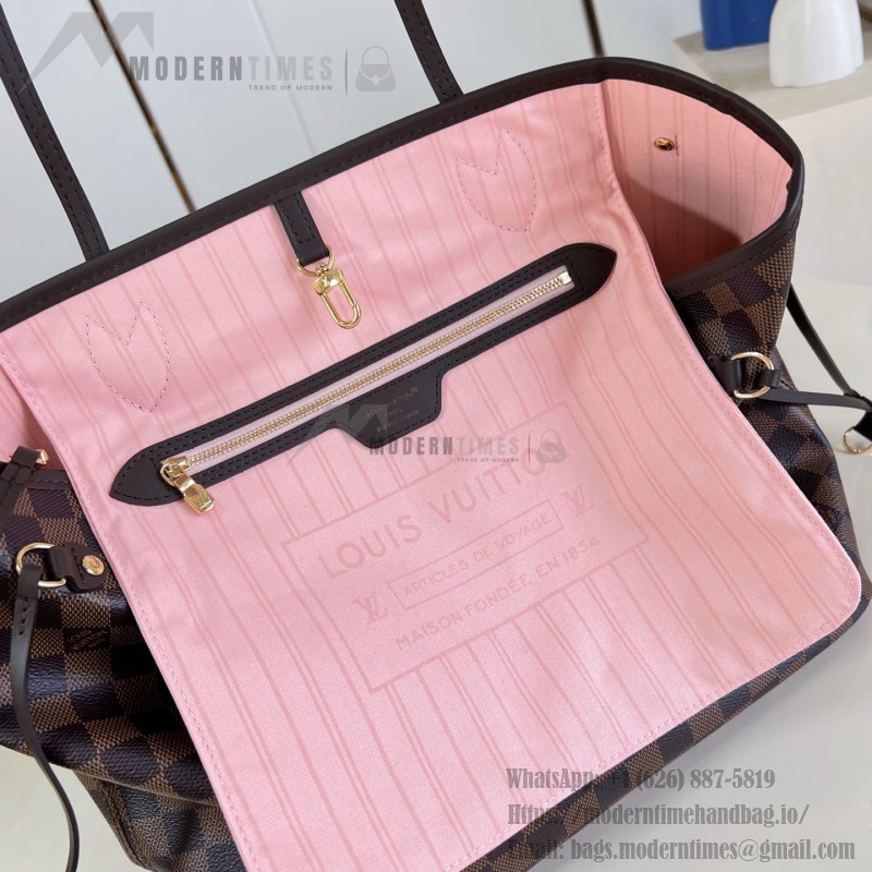 Louis Vuitton Neverfull MM Damier Ebene tote bag N41603 with steel-tone hardware leather trim and removable zip pouch