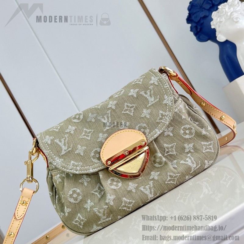 Louis Vuitton Rendez-Vous Sunset denim handbag M27210 with metal hardware buckle detail and interior flat pocket