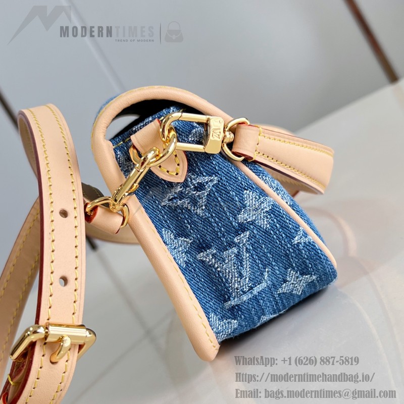 Louis Vuitton Nano Diane denim handbag M27700 with cowhide leather trim metal hardware and removable shoulder strap