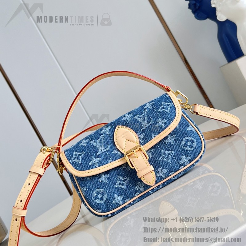 Louis Vuitton Nano Diane denim handbag M27700 with cowhide leather trim metal hardware and removable shoulder strap