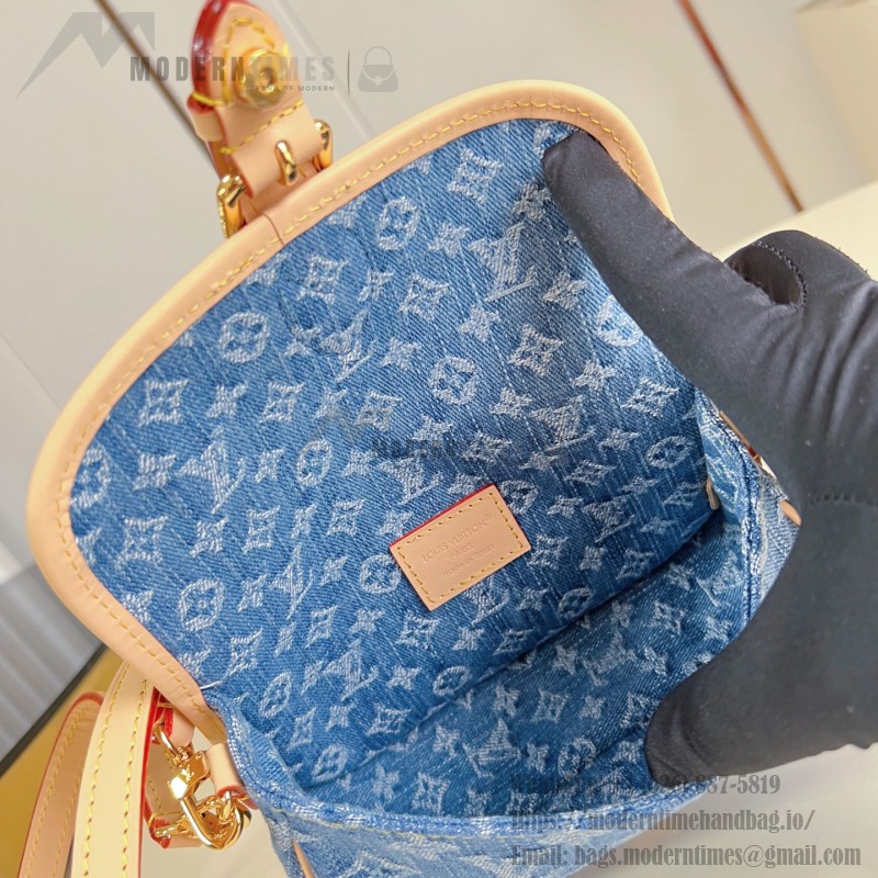 Louis Vuitton Nano Diane denim handbag M27700 with cowhide leather trim metal hardware and removable shoulder strap