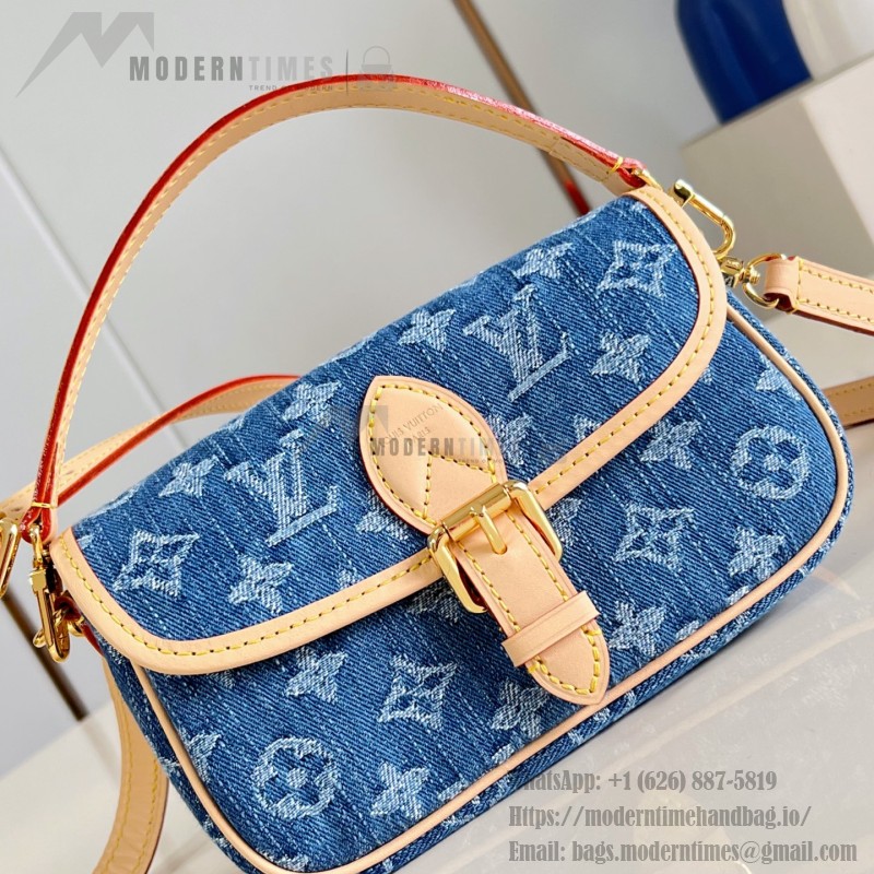Louis Vuitton Nano Diane denim handbag M27700 with cowhide leather trim metal hardware and removable shoulder strap