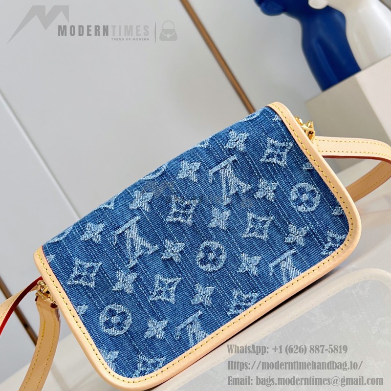 Louis Vuitton Nano Diane denim handbag M27700 with cowhide leather trim metal hardware and removable shoulder strap
