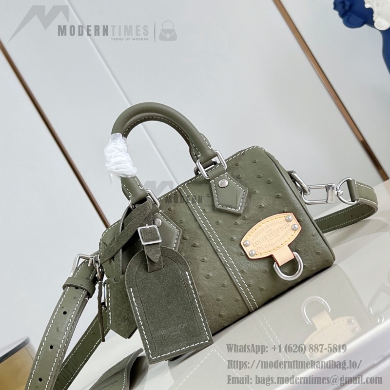 Louis Vuitton Speedy P9 Bandoulière 18 ostrich embossed leather handbag N89151 with polished metal hardware and lambskin lining