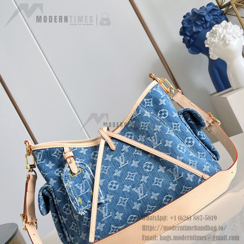 Louis Vuitton CarryAll Cargo PM Denim Rendez-Vous handbag in blue and military green denim with leather trim and luggage tag