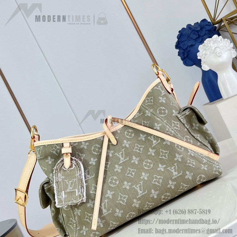Louis Vuitton CarryAll Cargo PM Denim Rendez-Vous handbag in blue and military green denim with leather trim and luggage tag