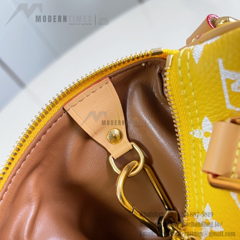 Louis Vuitton Speedy P9 Bandoulière 20 glossy cowhide leather handbag M28186 in yellow and bright red with rolled handles and adjustable shoulder strap