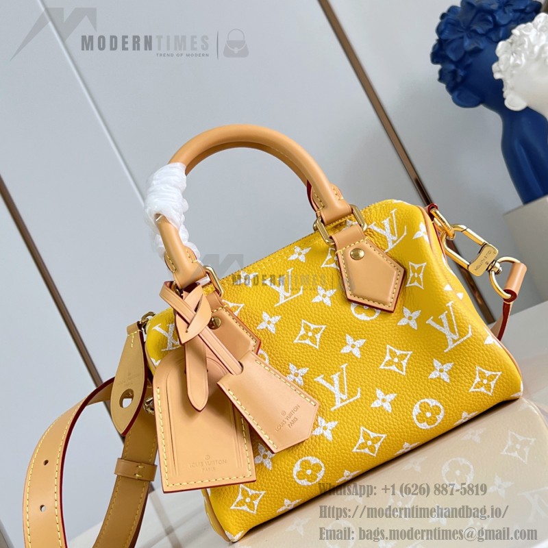 Louis Vuitton Speedy P9 Bandoulière 20 glossy cowhide leather handbag M28186 in yellow and bright red with rolled handles and adjustable shoulder strap