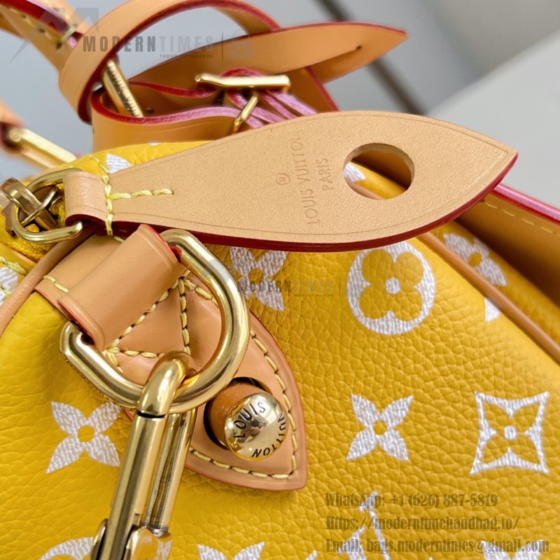 Louis Vuitton Speedy P9 Bandoulière 20 glossy cowhide leather handbag M28186 in yellow and bright red with rolled handles and adjustable shoulder strap