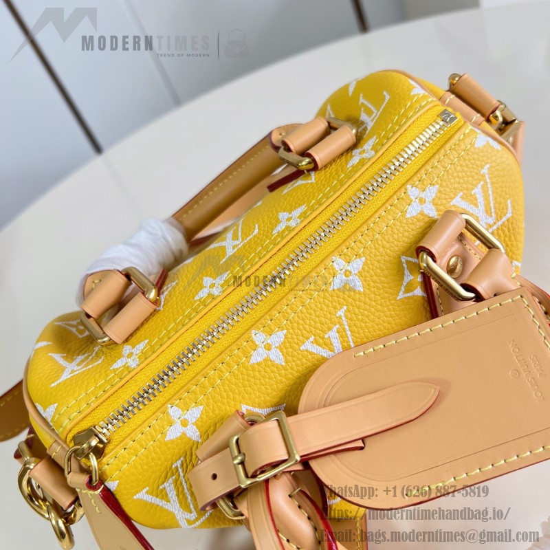 Louis Vuitton Speedy P9 Bandoulière 20 glossy cowhide leather handbag M28186 in yellow and bright red with rolled handles and adjustable shoulder strap