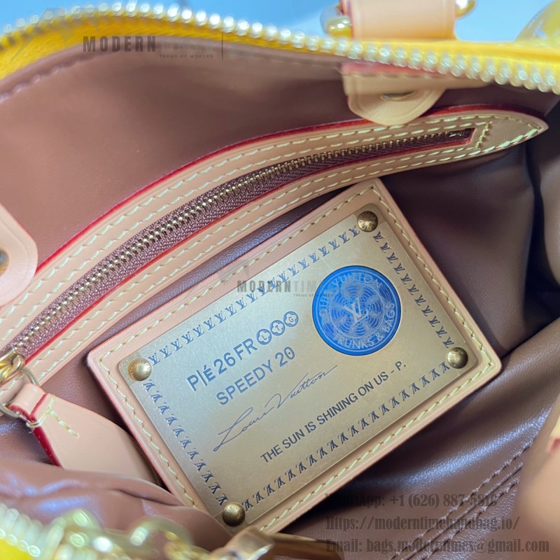 Louis Vuitton Speedy P9 Bandoulière 20 glossy cowhide leather handbag M28186 in yellow and bright red with rolled handles and adjustable shoulder strap