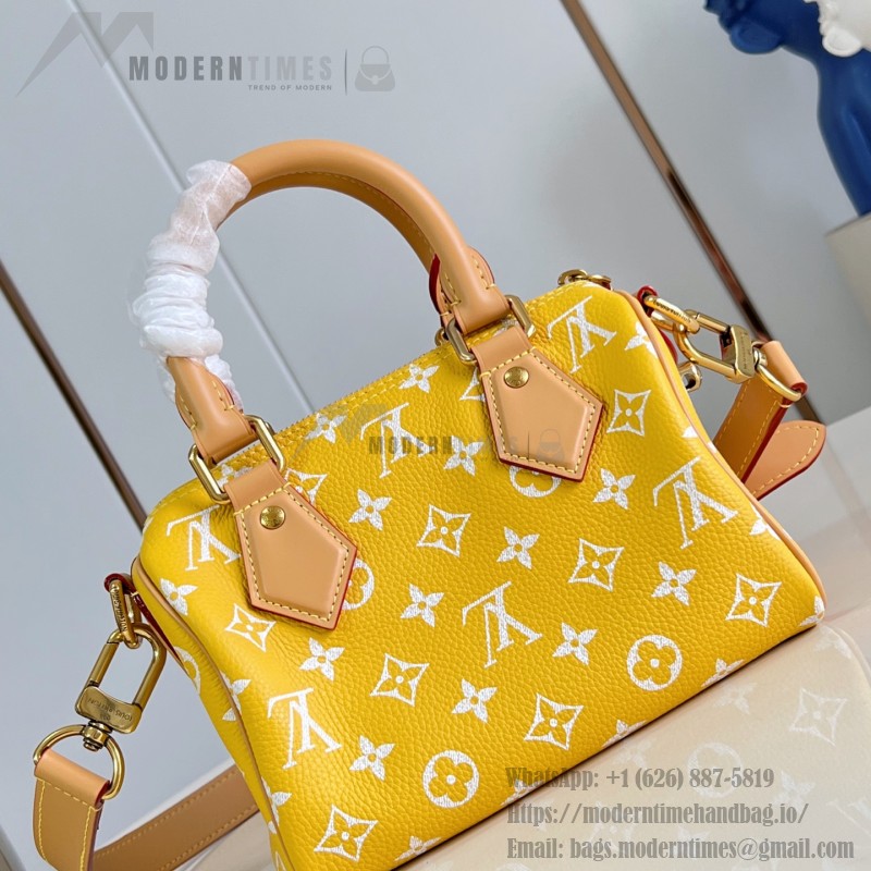 Louis Vuitton Speedy P9 Bandoulière 20 glossy cowhide leather handbag M28186 in yellow and bright red with rolled handles and adjustable shoulder strap