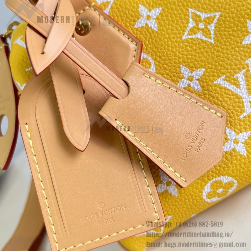 Louis Vuitton Speedy P9 Bandoulière 20 glossy cowhide leather handbag M28186 in yellow and bright red with rolled handles and adjustable shoulder strap