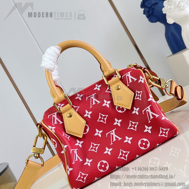 Louis Vuitton Speedy P9 Bandoulière 20 glossy cowhide leather handbag M28186 in yellow and bright red with rolled handles and adjustable shoulder strap