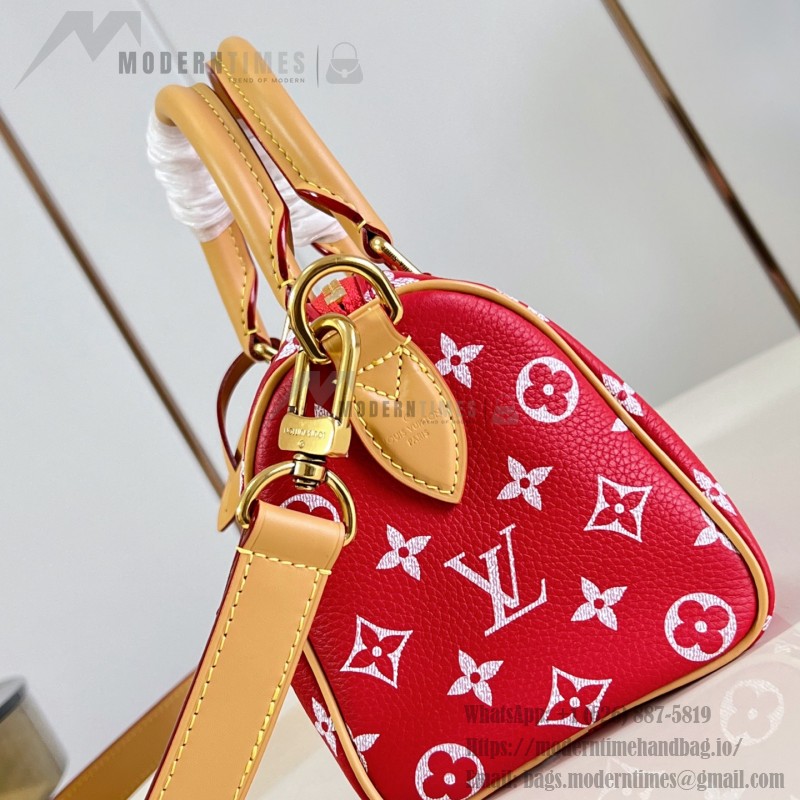 Louis Vuitton Speedy P9 Bandoulière 20 glossy cowhide leather handbag M28186 in yellow and bright red with rolled handles and adjustable shoulder strap