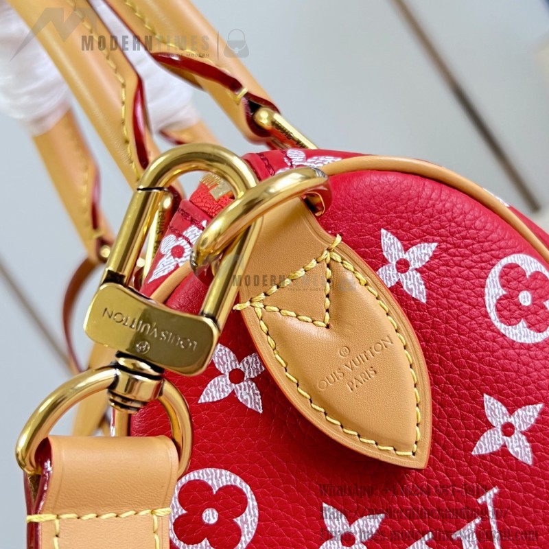 Louis Vuitton Speedy P9 Bandoulière 20 glossy cowhide leather handbag M28186 in yellow and bright red with rolled handles and adjustable shoulder strap